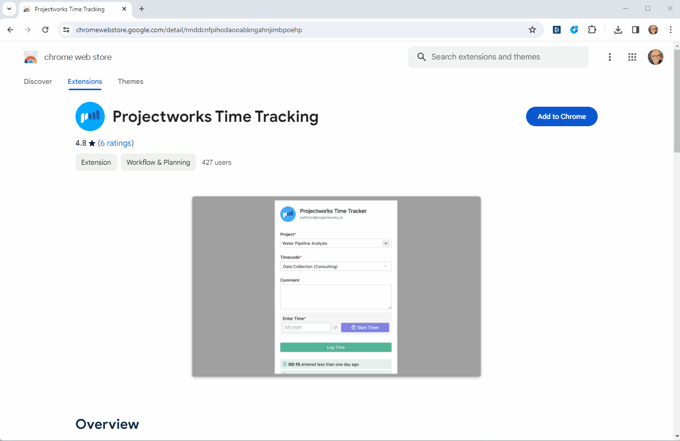 Install the Projectworks Time Tracking extension from the Chrome web store