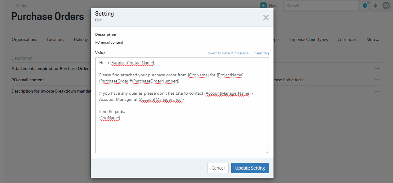 Purchase order email setting