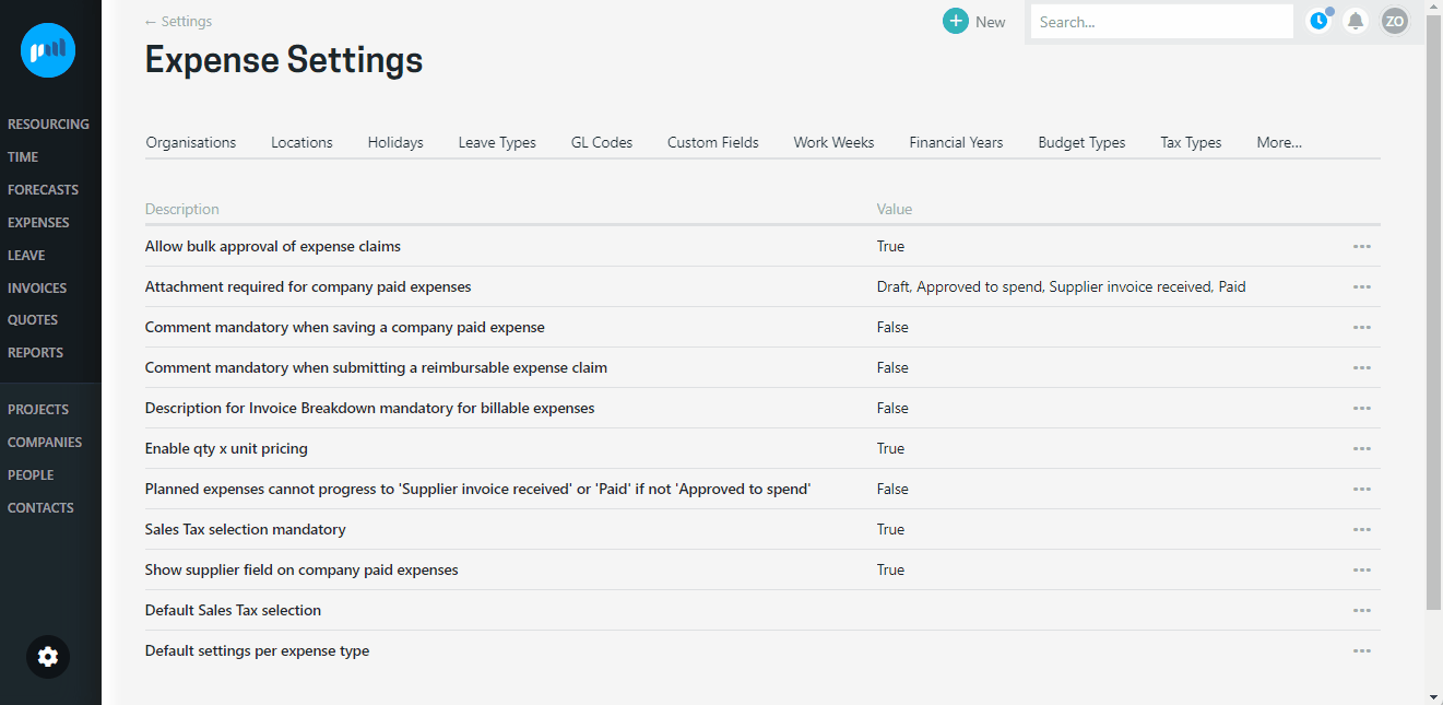System - Defaults for expense types