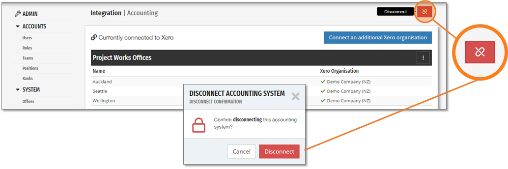 How to disconnect from Xero in Projectworks