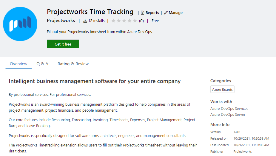 Install the Projectworks time tracking app from the Visual Studio Marketplace
